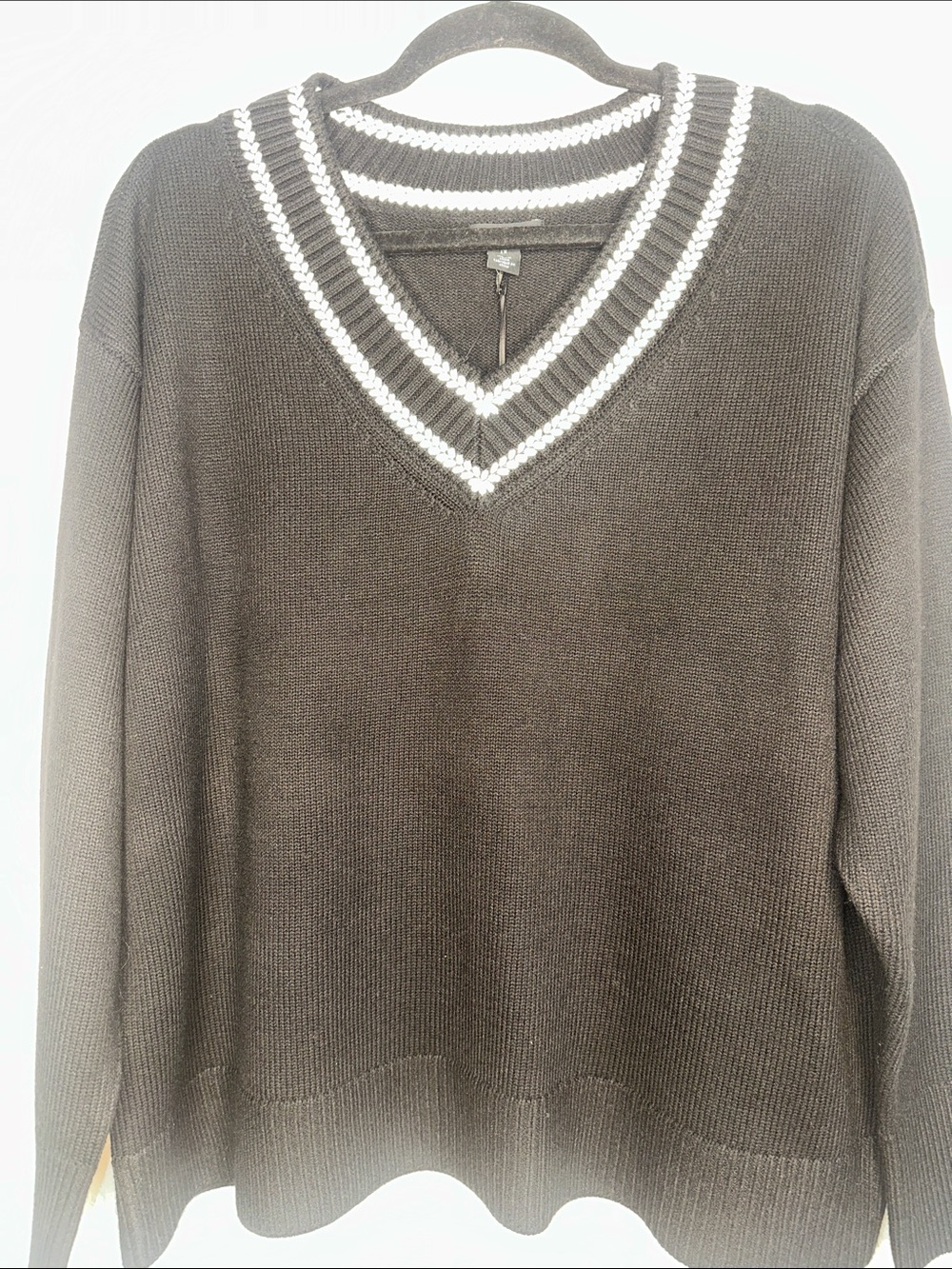 Halogen Black V-Neck Sweater with White Stripe Detail